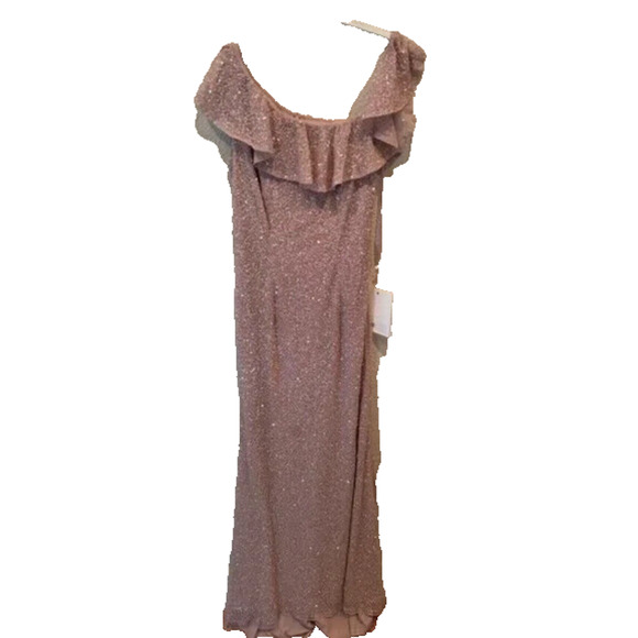 NWT Mac Duggal 5611 Sequined Drop Shoulder Trumpet Gown Mocha Pink Maxi Dress 16 - Picture 2 of 9